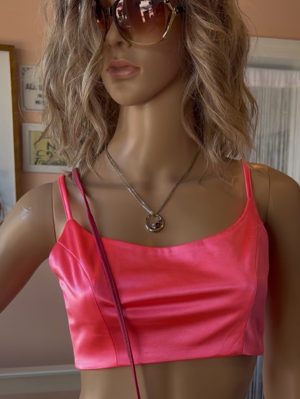 Fashion Nova Bright Pink Satin Crop Cami Top small back zip adjustable straps